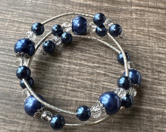 Navy Pearl Bead Memory Wire Bracelet