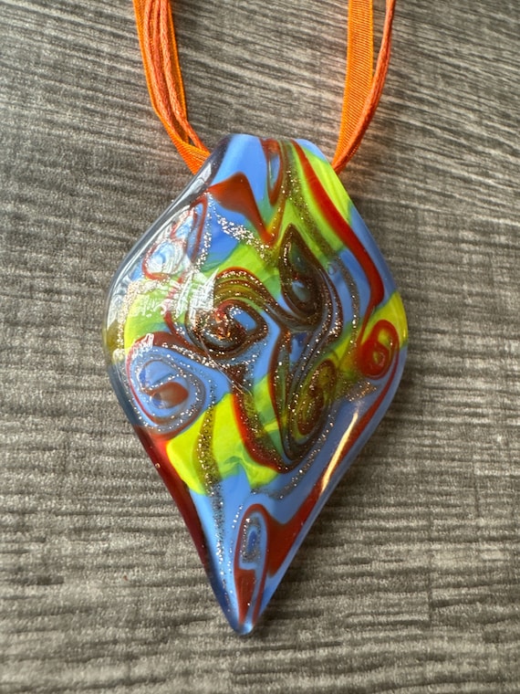 Blue/Yellow/Orange Leaf Murano Glass Pendant Necklace