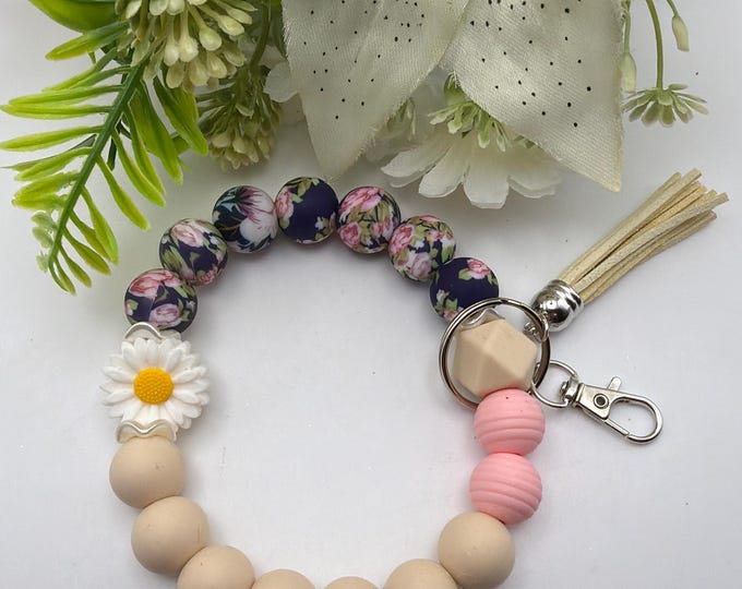 Floral Print Wristlet/Keychain | Pink Bead Wristlet/Keychain