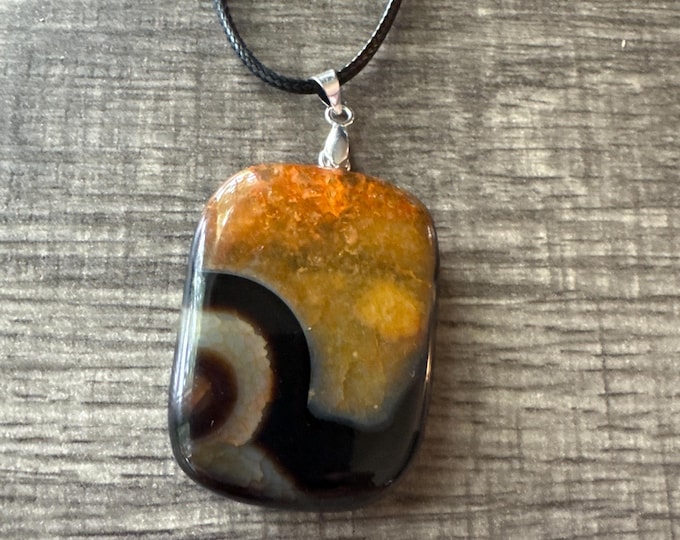 Black/Orange Agate Rectangle Pendant Necklace | Agate Pendant Necklace