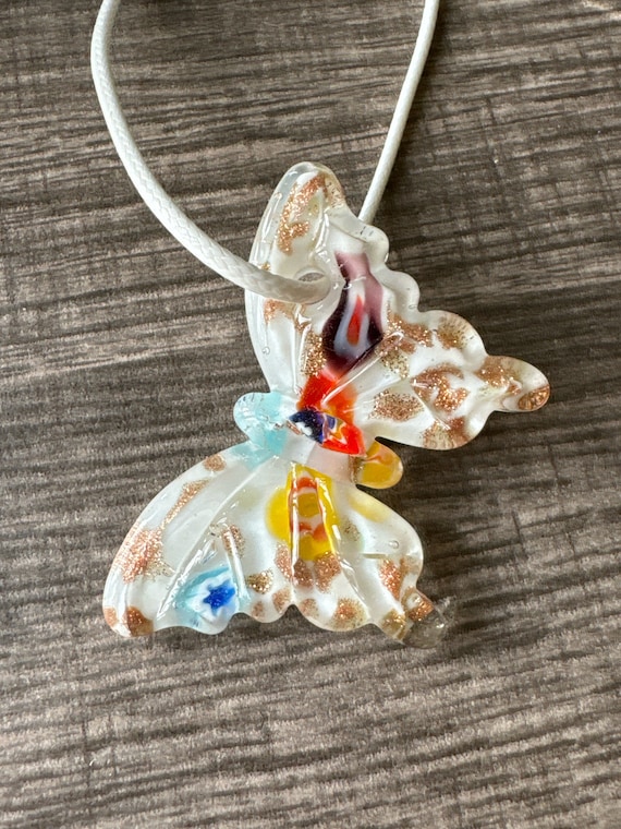 White Millefiori Butterfly | Glass Butterfly Pendant Necklace
