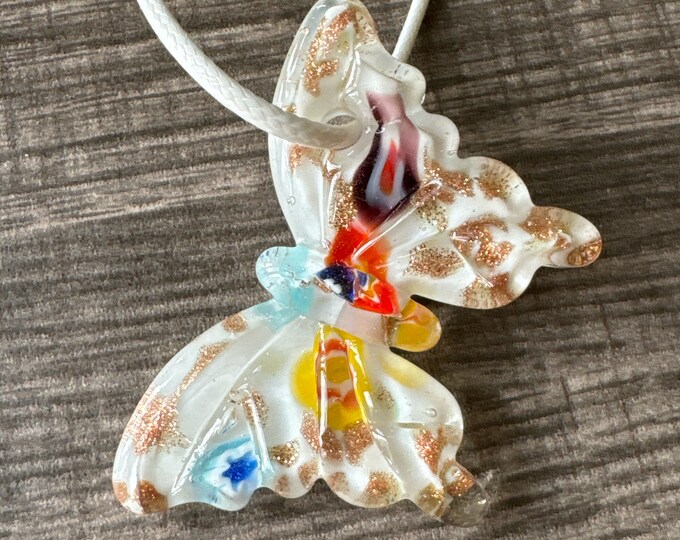 White Millefiori Butterfly | Glass Butterfly Pendant Necklace