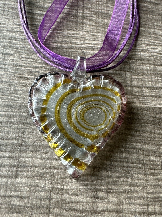 Purple/Gold Heart Pendant | Lampwork Flat Glass Heart | Heart Pendant Necklace