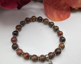 Pulsera de Jaspe Picasso | Dije de Árbol de la Vida | Pulsera Elástica de Jaspe