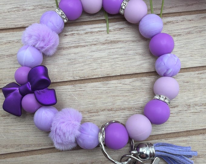Purple Bow Wristlet/Keychain | Purple Silicone Bead Wristlet | Purple Silicone Bead Key Chain