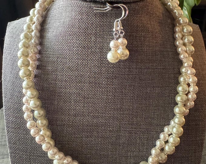 Double Strand Twisted Pearl Necklace and Earring Set | Pearl Necklace Set