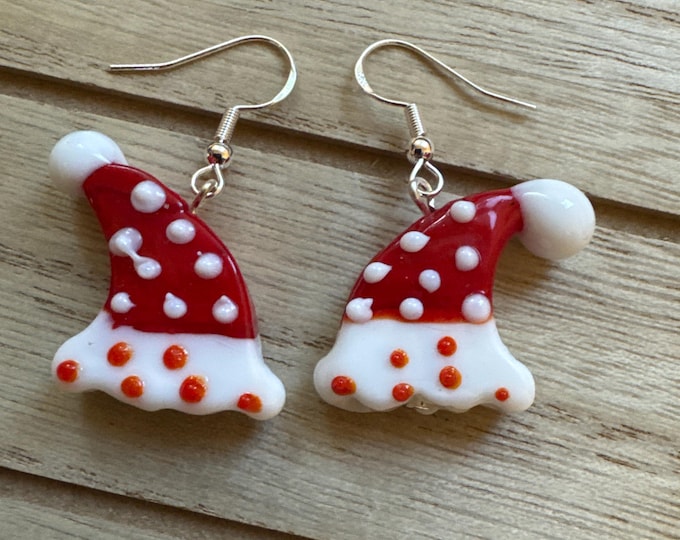 Red Hat Glass Earrings | Lampwork Glass Red Hat Earrings | Christmas Earrings | Stocking Stuffers