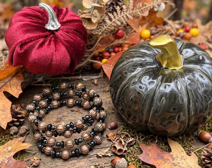 Fall Memory Wire Bracelet – Copper & Black Wrap Bracelet, Autumn Beaded Jewelry, Fall Gift