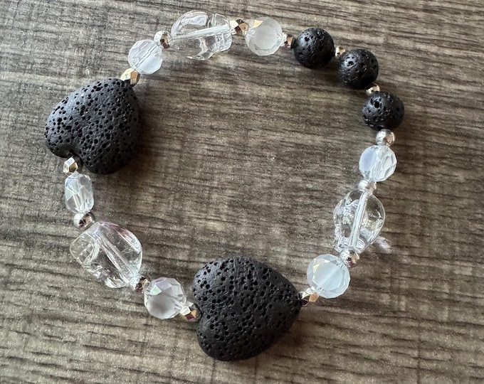 Clear Skull Bracelet | Lava Heart Beads | Stretch Bracelet