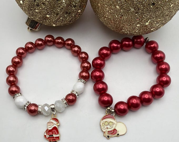 Santa Charm Red Pearl Bead Bracelet