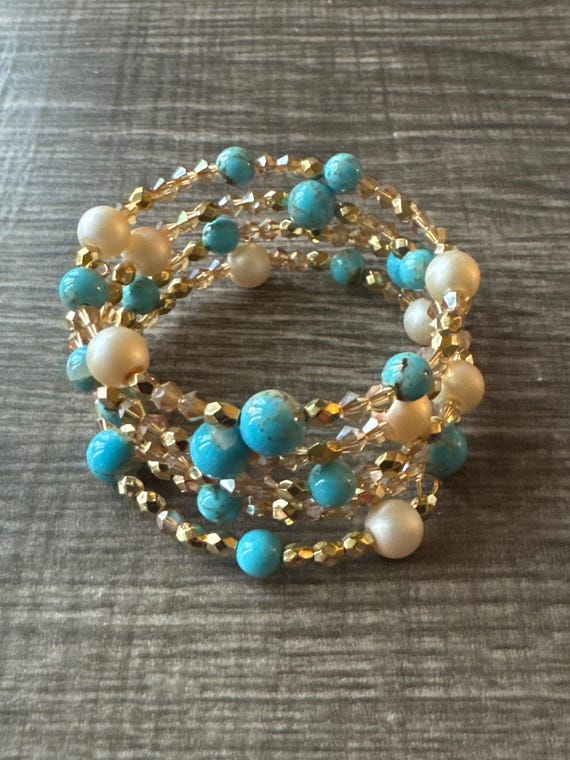 Turquoise Bead Bracelet | Pearl Bracelet | Memory Wire Bracelet