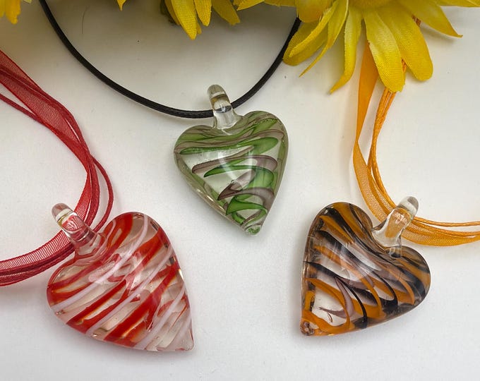 Swirl Heart Pendant Necklace | Glass Heart Pendant | Swirl Heart Necklace | Lampwork Glass Heart Pendant