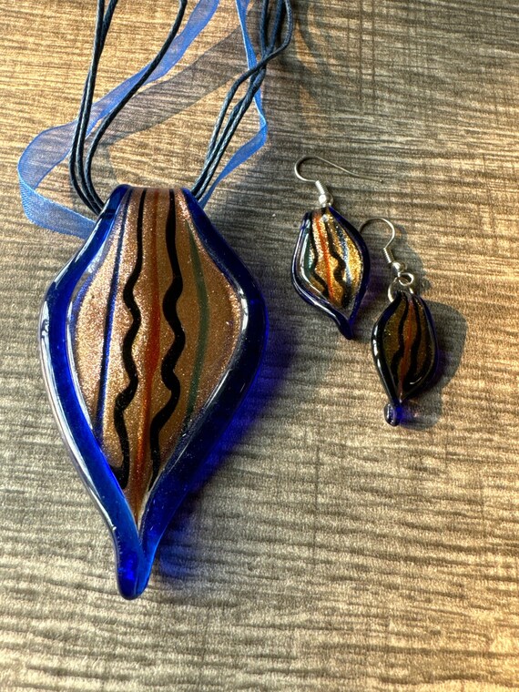 Blue Leaf Pendant | Murano Glass Leaf | Leaf Pendant Necklace & Earring Set