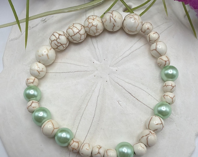 Howlite & Mint Green Stretch Bracelet | Beaded bracelet | Morse Code Bracelet - Fighter | Message in a Bracelet | Quote Bracelet