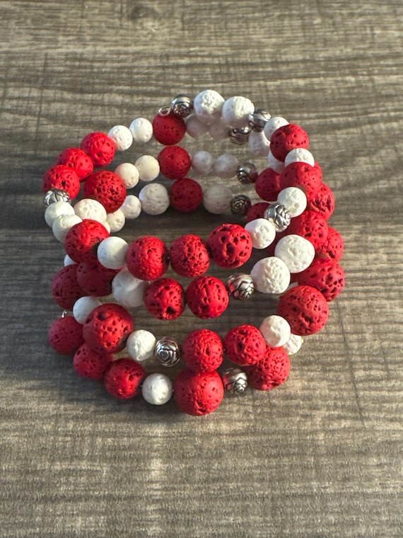 Red and White Lava Bead Memory Wire Bracelet | Lava Bead Bracelet | Memory Wire Bracelet