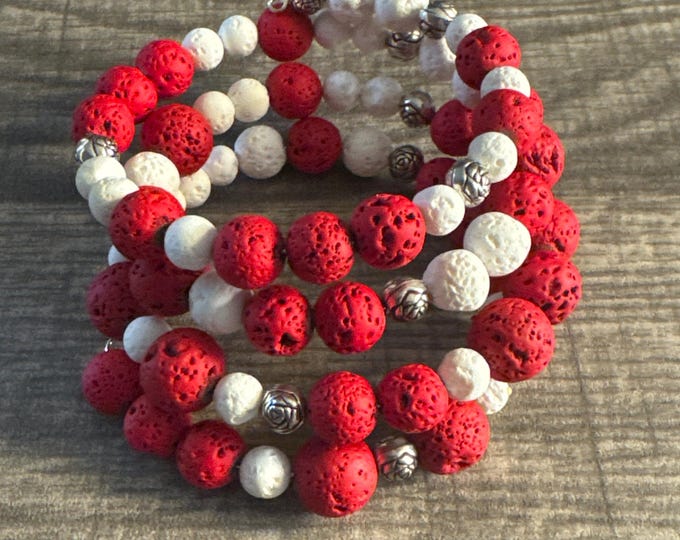 Red and White Lava Bead Memory Wire Bracelet | Lava Bead Bracelet | Memory Wire Bracelet