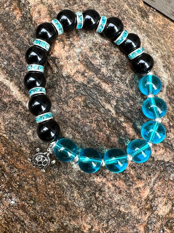Blue & Black Bead Bracelet with Turtle Charm