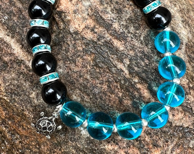 Blue & Black Bead Bracelet with Turtle Charm