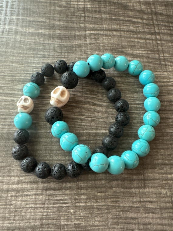 2PC Howlite Skull & Lava Bead Bracelet