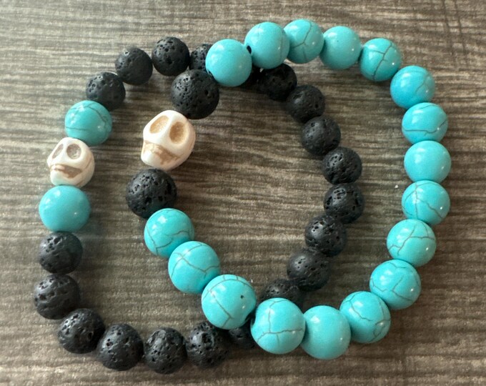 2PC Howlite Skull & Lava Bead Bracelet