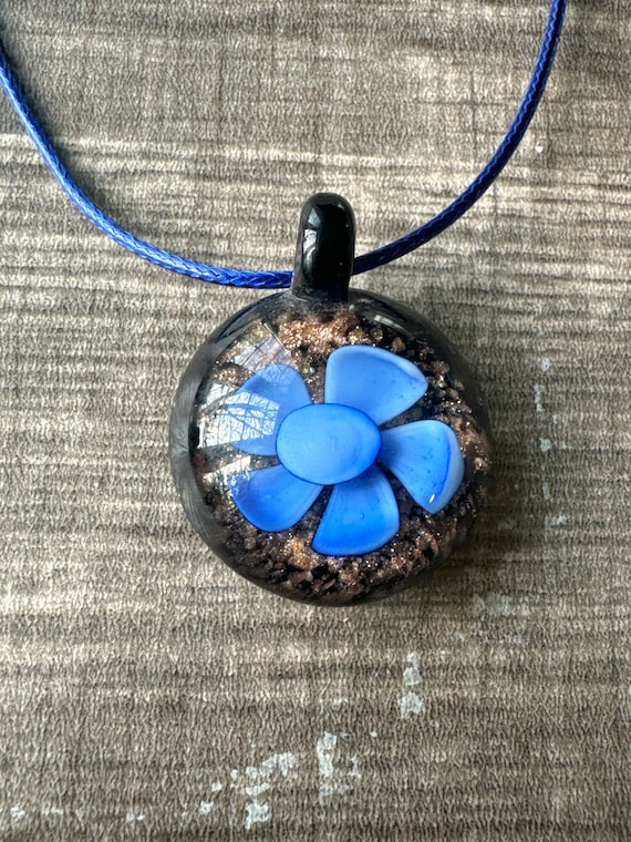 Blue Flower Murano Glass Heart Lampwork Pendant Necklace