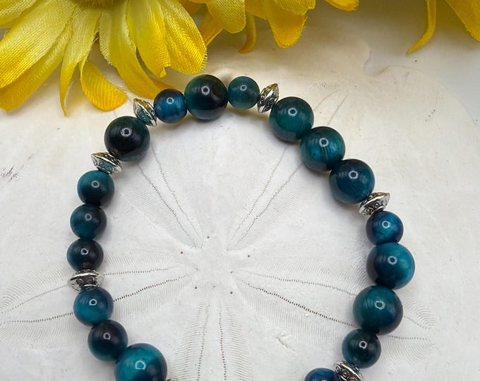 Blue Tiger Eye Stretch Bracelet | Beaded Bracelet | Morse code - Support | Message in a Bracelet | Quote Bracelet