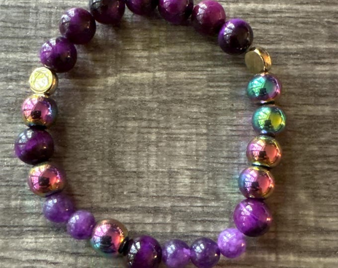 Purple Tiger Eye & Amethyst Stretch Bracelet |  Gemstone Bead Bracelet | Morse code -  Hope | Message in a Bracelet | Quote Bracelet