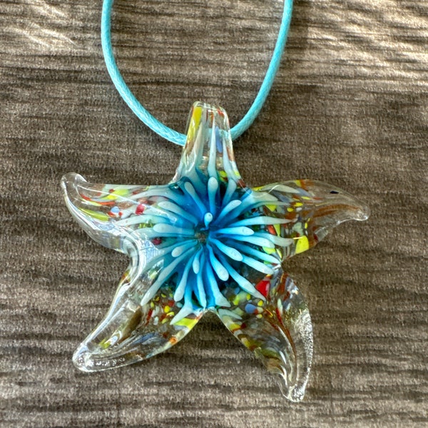 Aqua Blue Flower Murano Glass Starfish Pendant Necklace