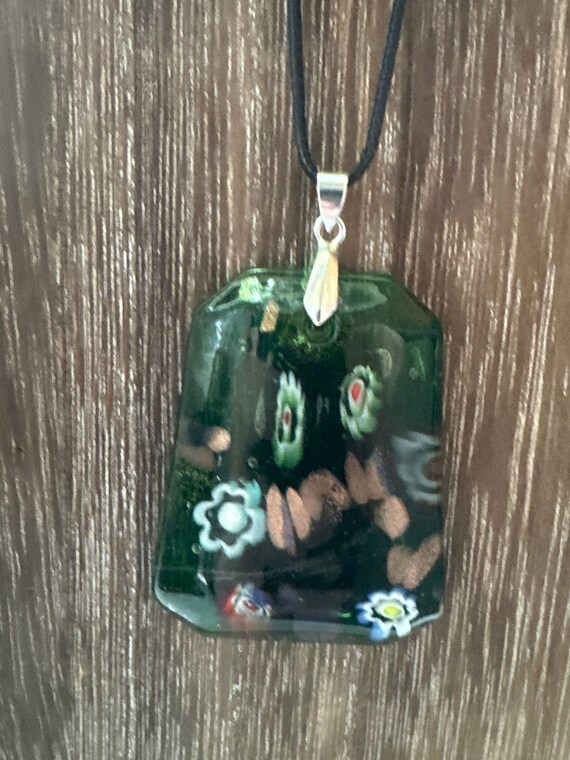 Green Millefiori Rectangle Lampwork Glass Pendant Necklace