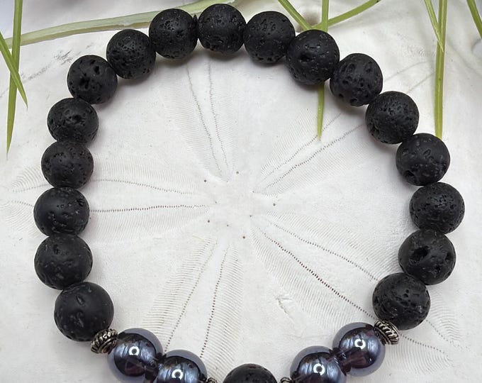 Lava Rock Stretch Bracelet | Purple Glass Bead Bracelet
