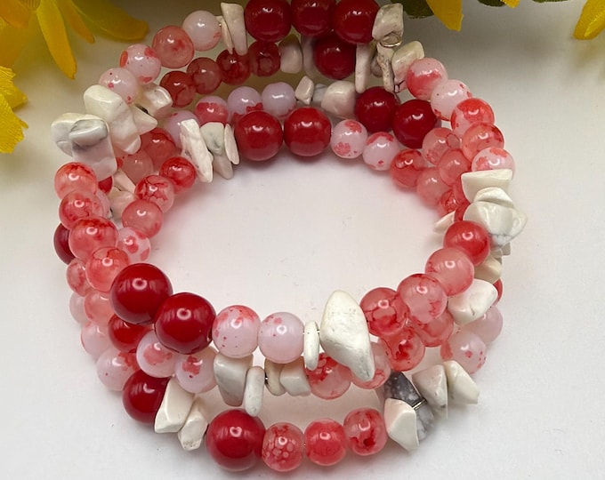 Red Coral & White Howlite Chips Memory Wire Bracelet | Wrap Bracelet | Red Coral Bracelet