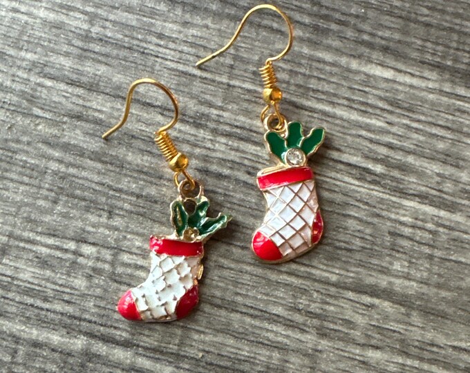 Christmas Stocking Charm Earrings | White/Red Stocking Earrings | Stocking Stuffers