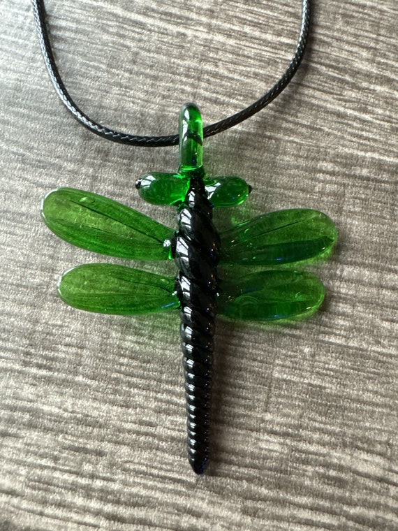 Green/Black Glass Lampwork Dragonfly Pendant Necklace
