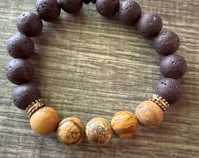 Brown Stone & Lava Bead Stretch Bracelet | Beaded Bracelet