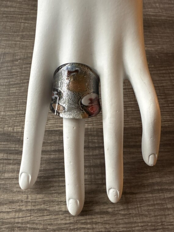 Black/Silver Thick Band Millefiori Flower Statement Glass Ring