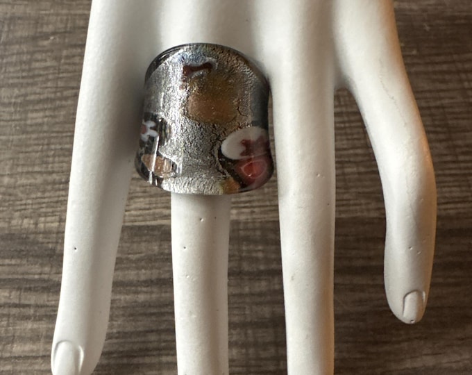 Black/Silver Thick Band Millefiori Flower Statement Glass Ring