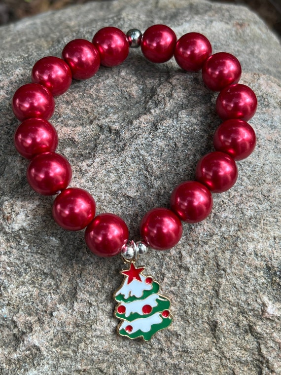 Christmas Tree Charm Pearl Bead Bracelet