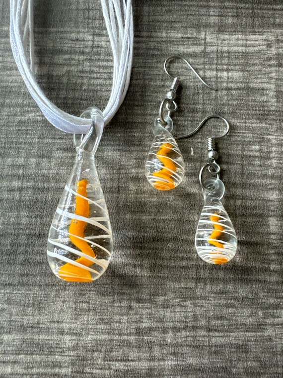 Orange/White Drop Pendant Set | Glass Dangle Pendant Necklace & Earring Set