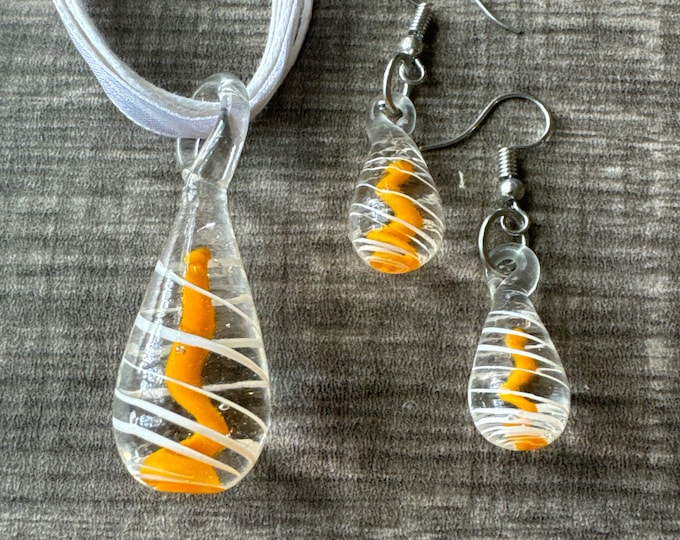 Orange/White Drop Pendant Set | Glass Dangle Pendant Necklace & Earring Set