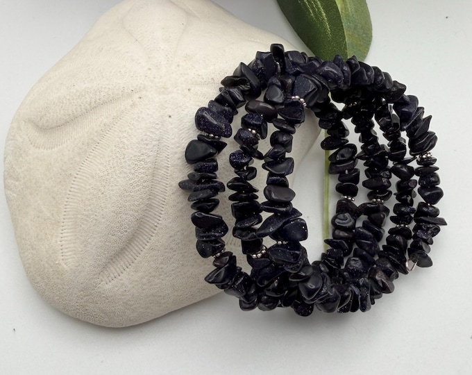 Blue Sandstone Chip Bead Memory Wire Bracelet | Wrap Bracelet