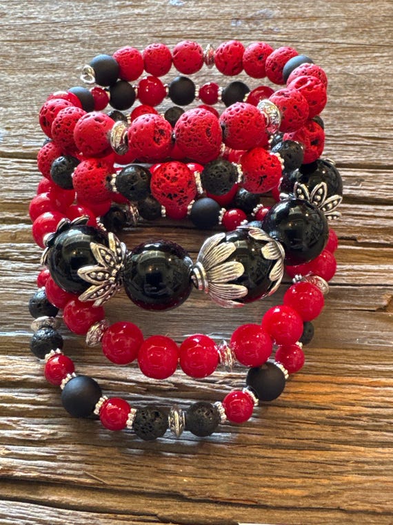 Red Coral Lava Bead Memory Wire Bracelet Wrap Bracelet