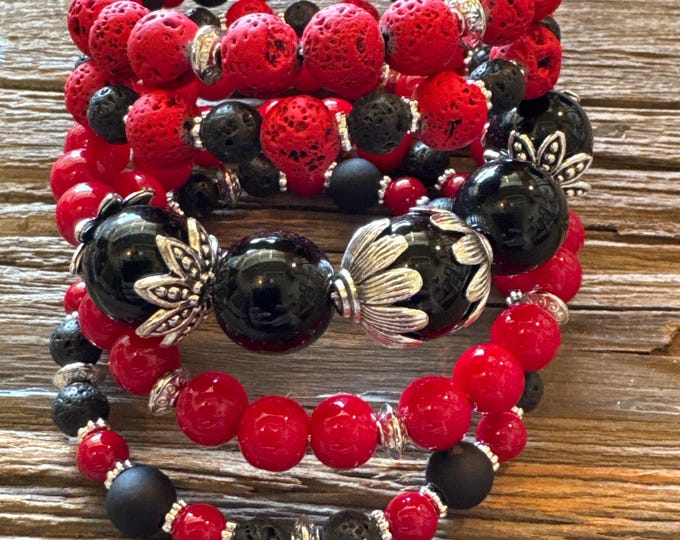 Red Lava Bead Memory Wire Bracelet | Wrap Bracelet | Beaded Bracelet