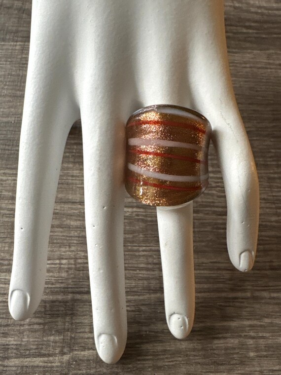 Gold/White/Orange Murano Glass LampWork Ring - Size 8 3/4