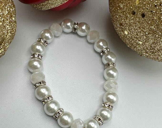 White Pearl Bead & Rhinestone Bracelet with Christmas Bells Charm