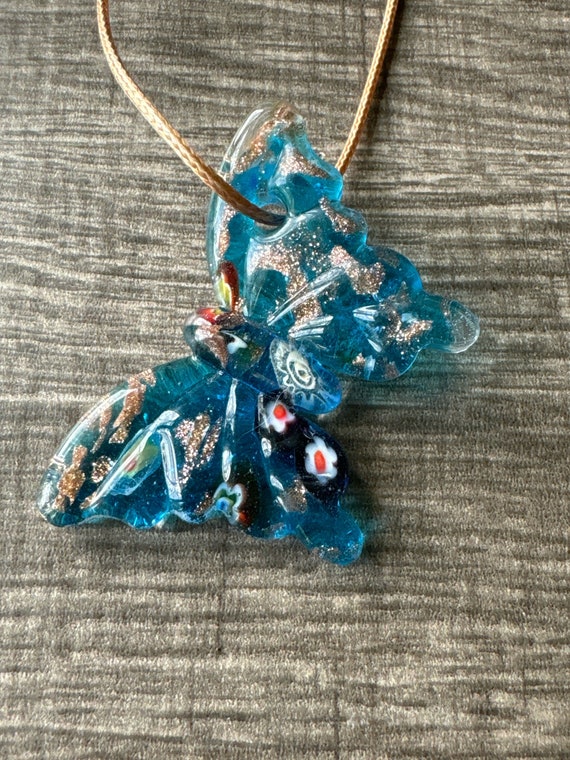 Blue Millefiori Butterfly Glass Pendant Necklace