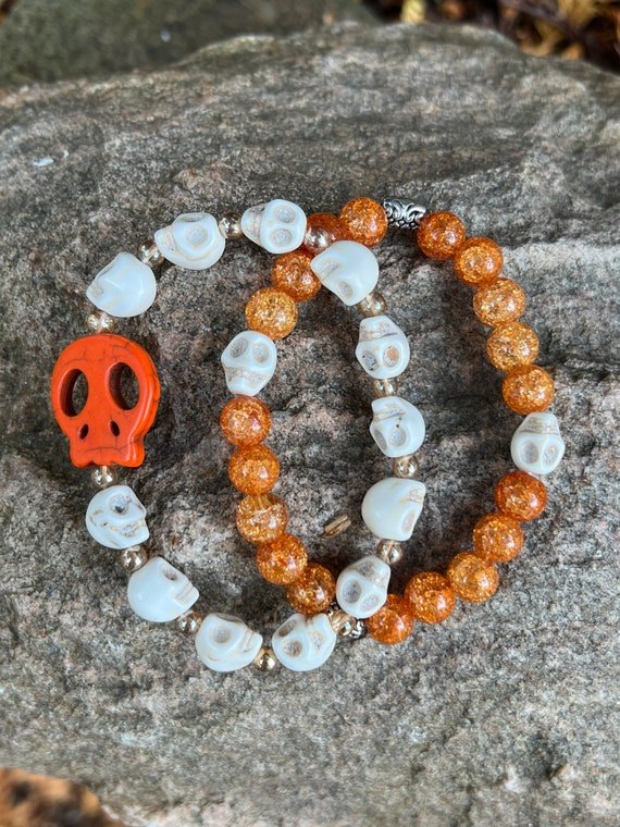 Howlite Skull & Orange Crackle Glass Bracelets
