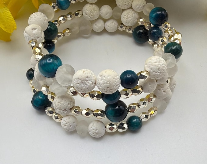 Blue Tiger Eye & Lava Bead Memory Wire Bracelet | Tiger Eye Bracelet | Lava Bead Bracelet | Memory Wire Bracelet