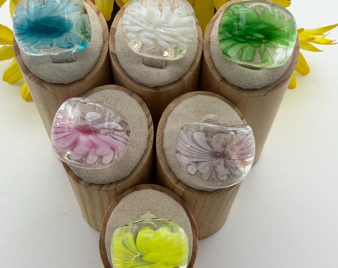 Size 7 1/2 *New Style* Flower Lampwork Glass Ring | Murano Glass Inspired Glass Ring | Colorful Flower Glass Ring