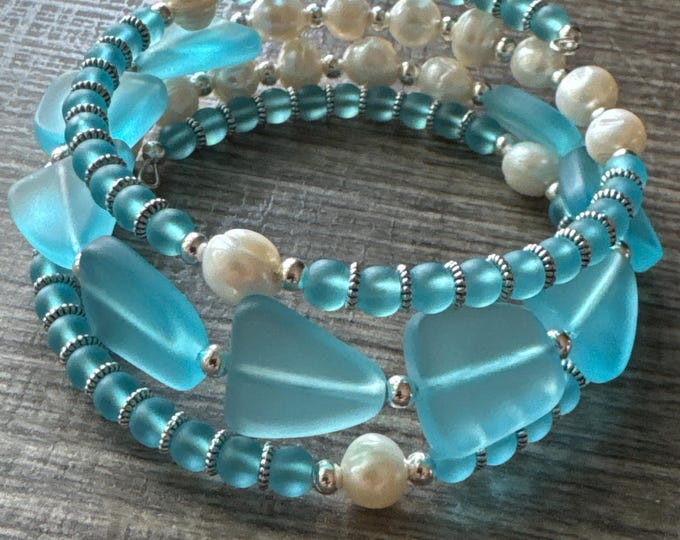 Seaglass Memory Wire Bracelet | Turquoise Blue Seaglass | Seaglass Bracelet
