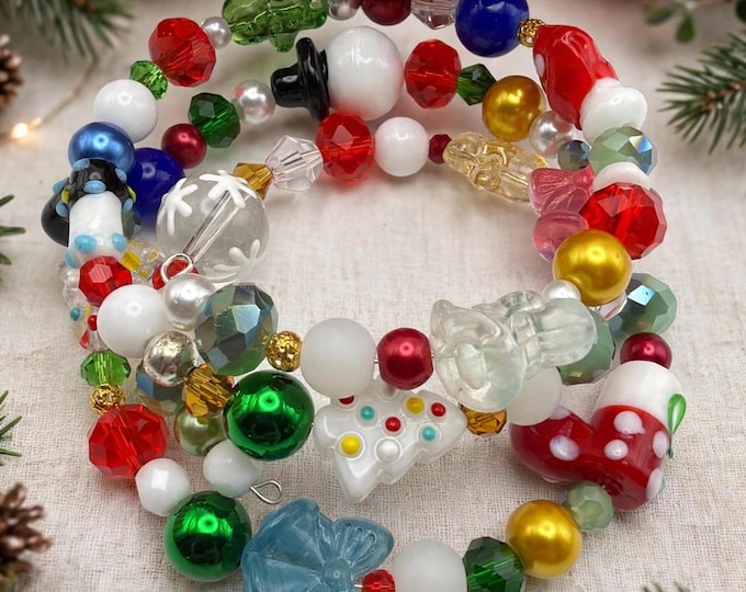 Lampwork Glass Christmas Wrap Bracelet – Colorful Holiday Bead Bracelet, Christmas Tree Charms, Xmas Gift